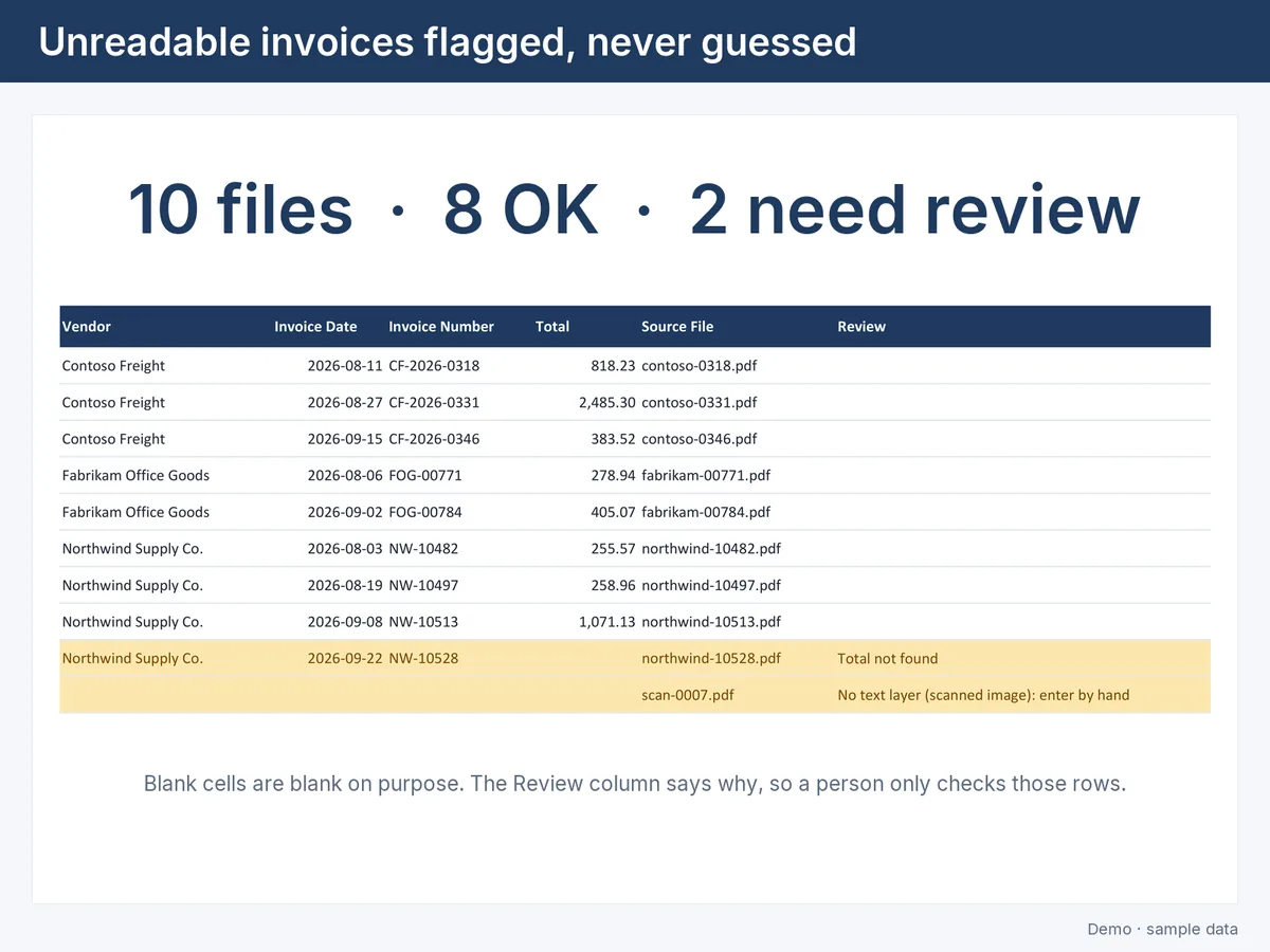The output sheet with two rows flagged for review