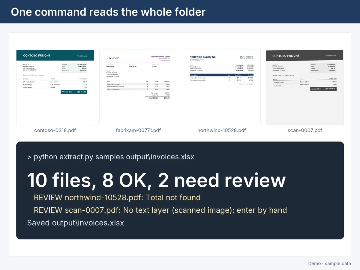 Sample invoices and the one-line run summary